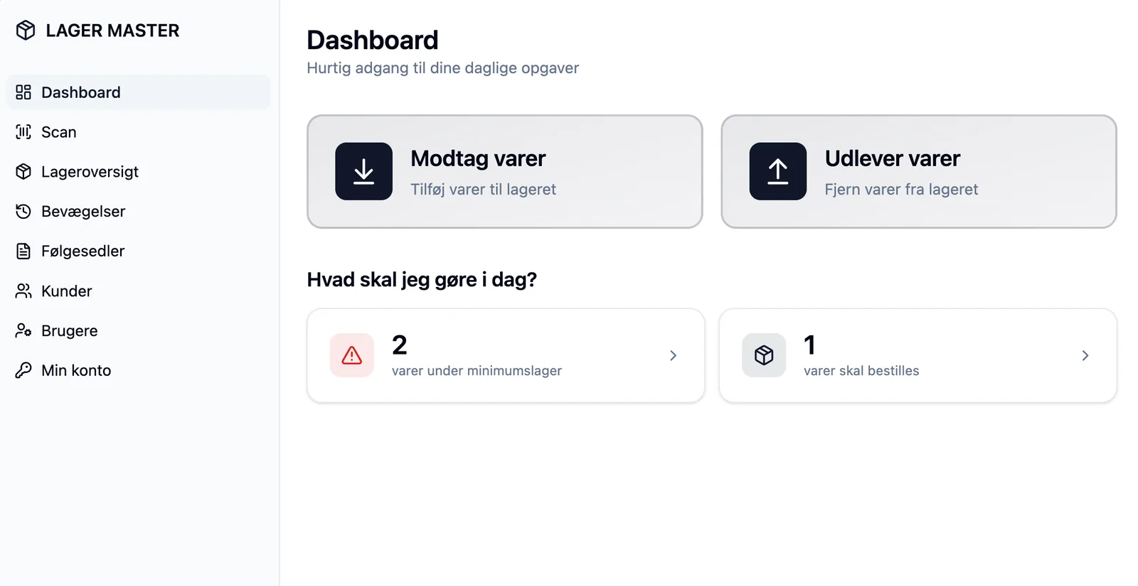 Dashboard i DEVIOS’ lagersystem med Modtag varer og Udlever varer.